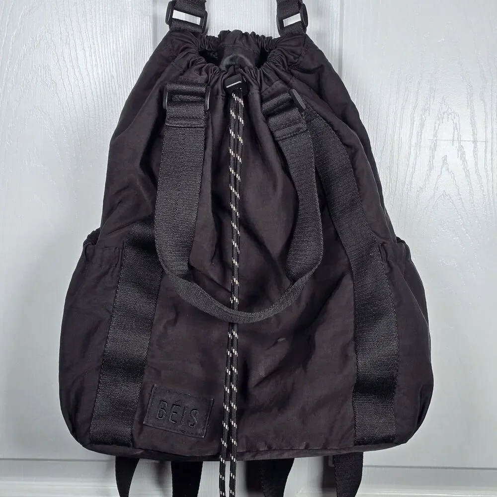 Beis The Sport Tote Black Travel Drawstring Backpack Adjustable Straps